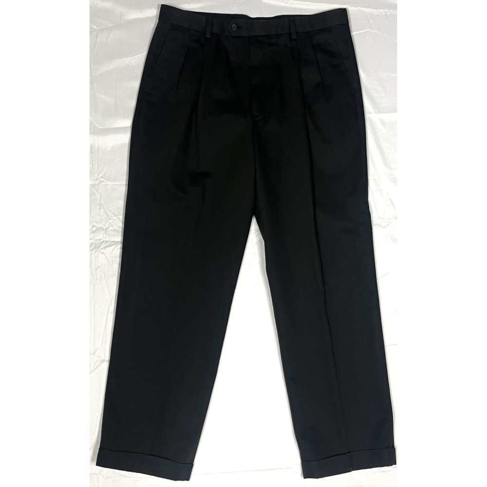 T. Harris London Mens 38x32 Black Pleated Cuffed 100% Cotton Dress Pants Slacks